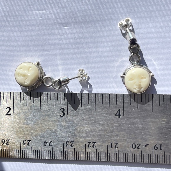 Vintage Sajen Carved Moon Goddess Face and Faceted Amethyst Dangle Earrings - Picture 5 of 5